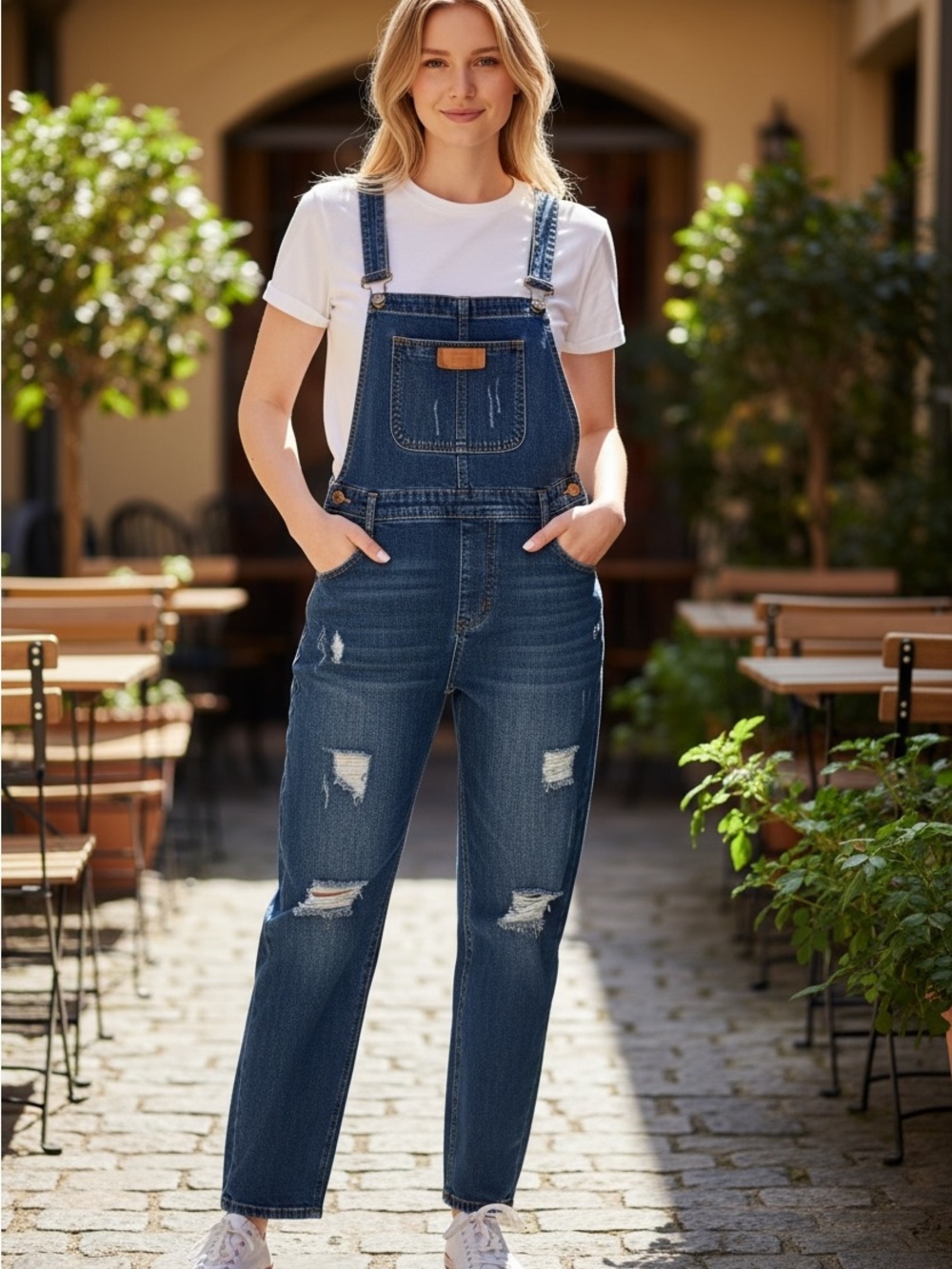 Fubu Women's Dark Blue Distressed Denim Overalls